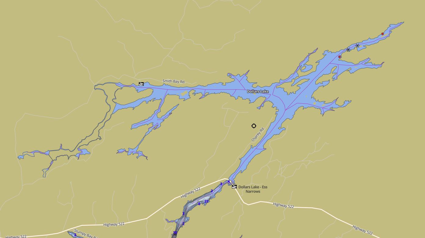 Contour Map of Dollars Lake in Municipality of Unincorporated and the District of Parry Sound